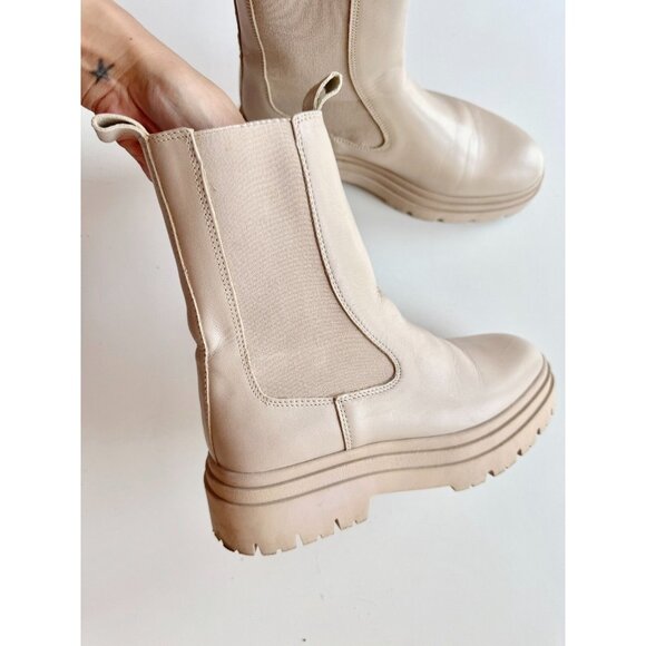 ZARA Ivory Leather Lug Sole Platform Ankle Chelsea Boots, Size 36 - Picture 2 of 16